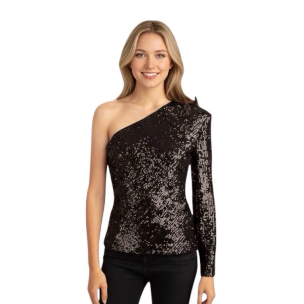 Trina Turk Black Sequin One-Shoulder Blouse